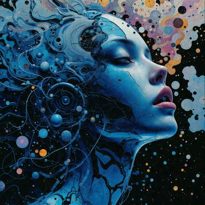 The primary subject of the image is a woman with a blue head, who appears to be a character from a comic book. She is surrounded by a variety of colorful circles, which create a vibrant and dynamic visual style. The setting is a black background, which contrasts with the woman's blue head and the colorful circles, emphasizing the artistic nature of the image. The overall atmosphere is one of creativity and imagination, as the woman's unique appearance and the colorful circles evoke a sense of fantasy and wonder.